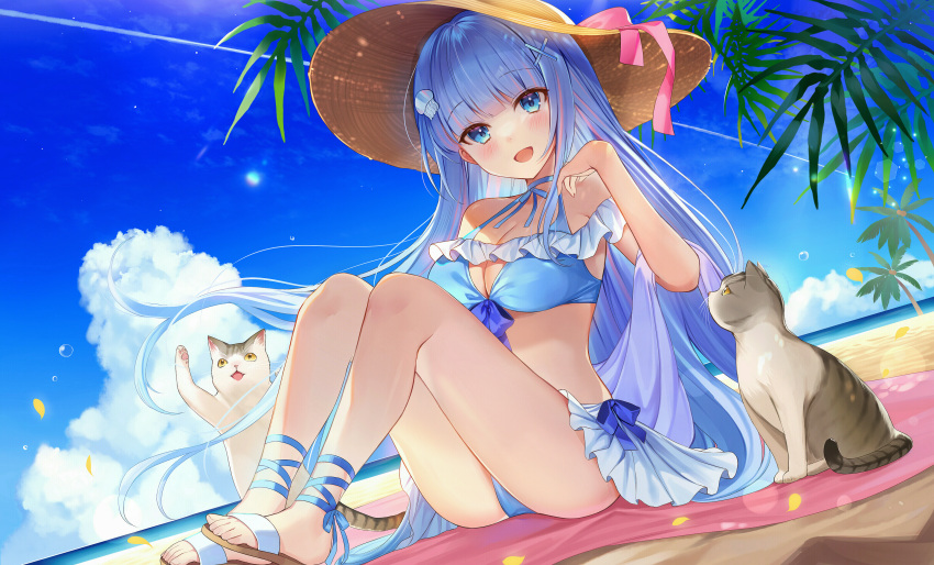 1girl absurdres bikini blue_bikini blue_hair blush breasts cat cleavage commission frilled_bikini frills hair_ornament highres ion_(on01e) jellyfish_hair_ornament large_breasts long_hair multicolored_hair ocean pink_hair pixiv_commission sandals sitting sky smile streaked_hair swimsuit thighs toes x_hair_ornament