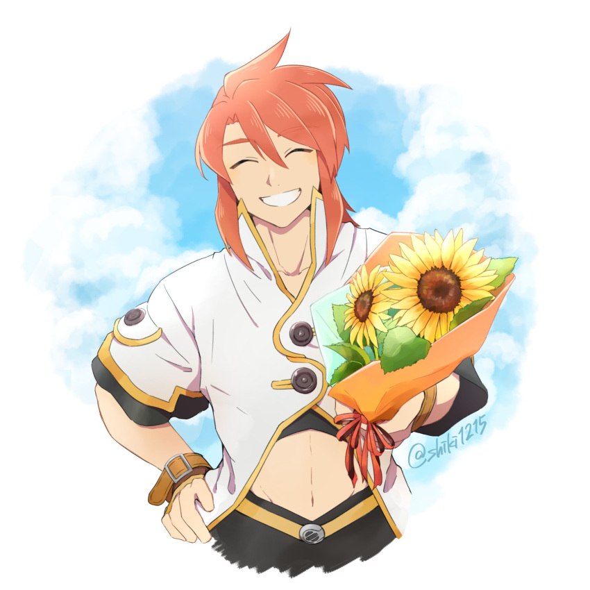 1boy black_pants closed_eyes collarbone fingerless_gloves flower gloves grin hair_between_eyes hand_on_own_hip highres holding holding_flower jacket luke_fon_fabre male_focus medium_hair midriff pants popped_collar red_hair shiki_123 short_sleeves sidelocks sky smile sunflower tales_of_(series) tales_of_the_abyss twitter_username white_jacket