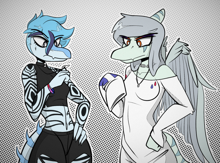 alternate_costume anthro baryonyx blue_body blue_hair breasts clothed clothing clothing_swap colored dinosaur duo fang_(gvh) feathered_wings feathers female goodbye_volcano_high grey_hair hadrosaurid hair hi_res nick_(gvh) ornithischian parasaurolophus reptile scalie seven_(artist) small_breasts snoot_game snout spinosaurid theropod wings