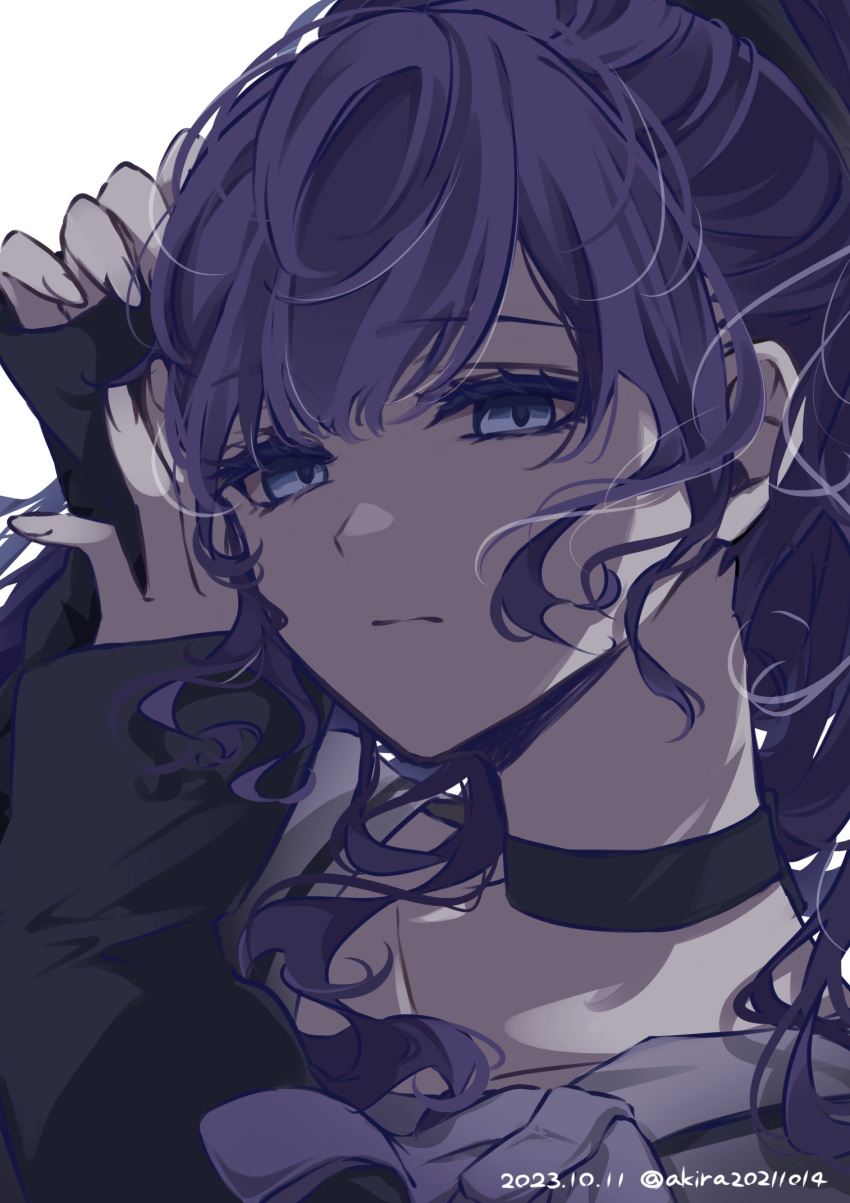 1girl akira20211014 asahina_mafuyu black_choker black_shirt choker closed_mouth dated highres long_hair long_sleeves looking_at_viewer project_sekai purple_eyes purple_hair shirt solo twitter_username wavy_hair white_background