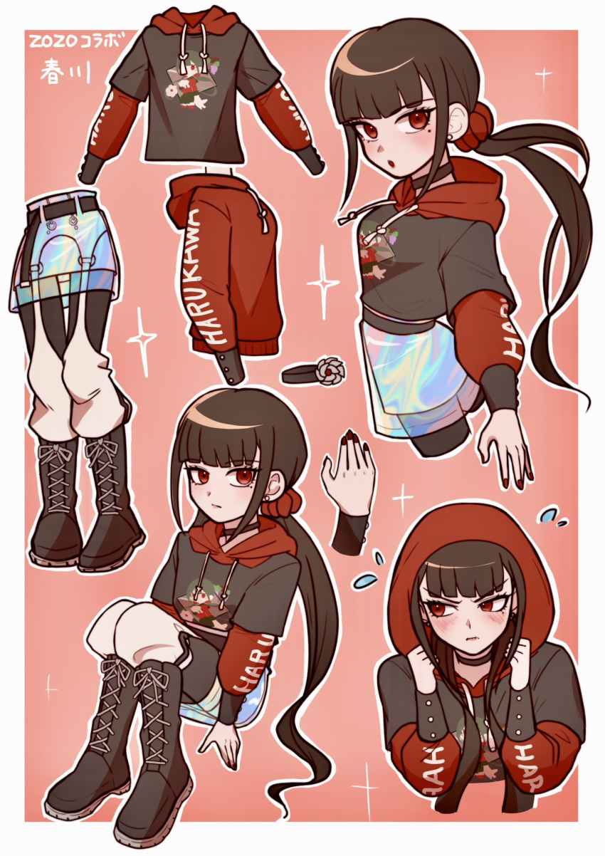 1girl :o angry black_choker black_pantyhose black_shirt blush boots border brown_footwear brown_hair choker cropped_legs danganronpa_(series) danganronpa_v3:_killing_harmony hair_ornament hair_scrunchie harukawa_maki highres hood hood_up hoodie kirin_(suzoke_1) knee_boots layered_sleeves long_hair long_sleeves low_twintails mole mole_under_eye multiple_views pants pantyhose pout print_shirt red_eyes red_hoodie red_scrunchie scrunchie see-through see-through_skirt shirt short_over_long_sleeves short_sleeves sitting skirt sparkle translation_request twintails white_border white_pants