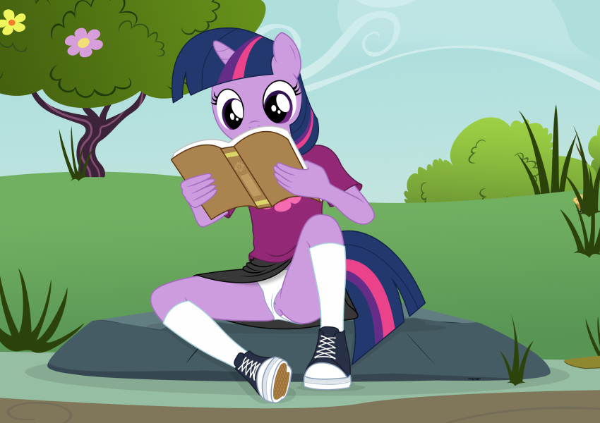 absurd_res aged_down anthro barely_visible_genitalia barely_visible_pussy book clothing clothing_aside equid equine female friendship_is_magic genitals hasbro hi_res horn mammal my_little_pony outside panties panties_aside panty_shot plant pussy reading shirt sitting solo spread_legs spreading tolpain topwear tree twilight_sparkle_(mlp) underwear underwear_aside unicorn young