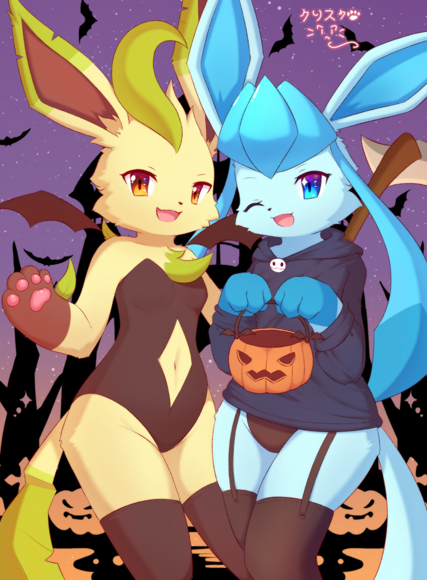 absurd_res anthro duo eeveelution female food fruit generation_4_pokemon glaceon halloween halloween_costume hi_res holidays kryztar leafeon nintendo plant pokemon pokemon_(species) pumpkin