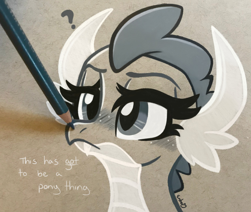 dragon emberslament english_text fangs friendship_is_magic graphite_(artwork) hasbro hi_res horn my_little_pony pencil_(artwork) pencil_(object) question_mark restricted_palette smolder_(mlp) teeth text traditional_media_(artwork)