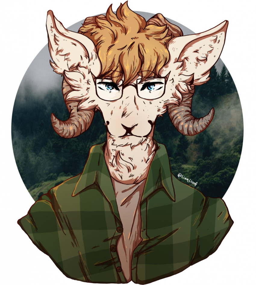 anthro blue_eyes brown_horn bust_portrait clothing eyewear front_view fur glasses green_clothing green_topwear hair hi_res horn light_body light_fur lionfloof looking_at_viewer male mouth_closed orange_hair portrait short_hair solo tan_body tan_fur topwear wearing_glasses