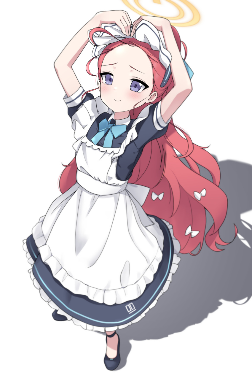 1girl absurdres apron arms_up black_dress black_footwear blue_archive blue_eyes blue_ribbon blush bow closed_mouth collared_dress commentary dress forehead full_body hair_bow halo highres loafers long_hair looking_afar maid_headdress official_alternate_costume pose_request red_hair ribbon shadow shoes short_sleeves simple_background smile solo standing uuronhai very_long_hair white_apron white_background white_bow yellow_halo yuzu_(blue_archive) yuzu_(maid)_(blue_archive)