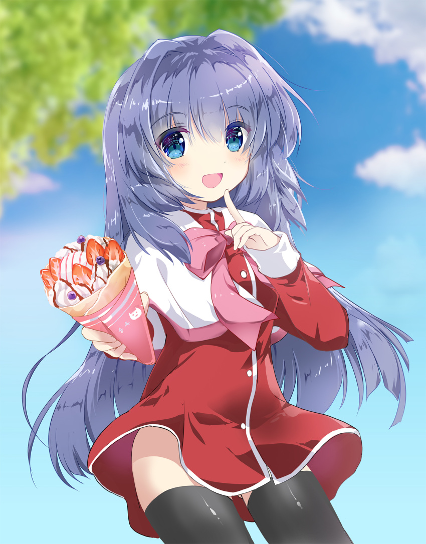 1girl :d asahina_yori black_thighhighs blue_eyes blue_hair blue_sky blurry blurry_background blush capelet colored_eyelashes commentary cowboy_shot crepe day dress eyes_visible_through_hair food hair_between_eyes hair_intakes hands_up happy highres holding holding_food index_finger_raised kanon long_hair long_sleeves looking_at_viewer minase_nayuki open_mouth outdoors reaching reaching_towards_viewer red_dress short_dress sidelocks sky smile solo standing straight-on straight_hair thighhighs very_long_hair white_capelet zettai_ryouiki
