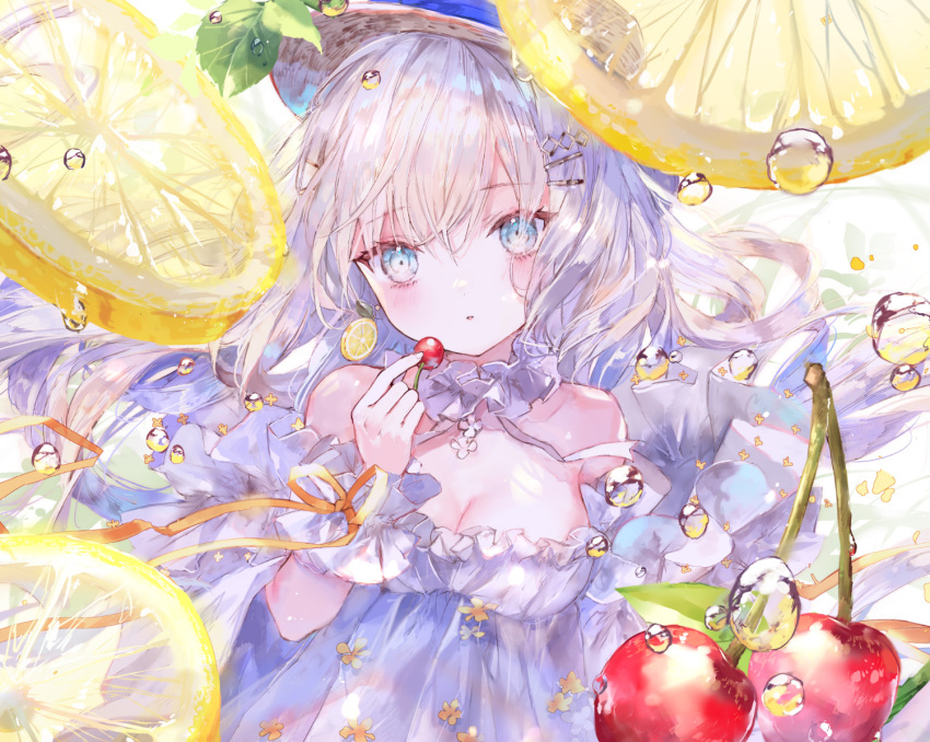 1girl bare_shoulders blue_eyes breasts cherry cleavage comiket_102 commentary_request dress food frilled_dress frills fruit grey_dress grey_hair hair_between_eyes hair_ornament hairclip hand_up holding holding_food holding_fruit lemon lemon_slice long_hair looking_at_viewer medium_breasts onineko original parted_lips solo strapless strapless_dress water_drop wrist_cuffs x_hair_ornament