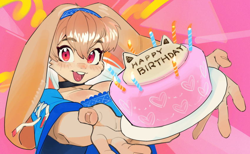 &lt;3 2023 2d_(artwork) accessory anthro bangs big_breasts birthday_cake black_choker black_jewelry black_necklace blonde_hair blue_accessory blue_clothing blue_dress blue_hairband blush breasts buckteeth cake candle cheek_tuft choker clothing colored dessert domestic_rabbit dress eyebrow_through_hair eyebrows eyelashes facial_tuft female fire floppy_ears food fur hair hair_accessory hair_between_eyes hairband half-length_portrait hi_res holding_cake holding_food holding_object humanoid_hands jewelry kemari laces lagomorph leporid long_ears looking_at_viewer lop_ears lop_rabbit mammal necklace open_mouth open_smile oryctolagus portrait rabbit reaching_towards_viewer red_eyes short_hair smile smiling_at_viewer solo sophia_(aruurara) tan_body tan_fur teeth tongue translucent translucent_hair tuft