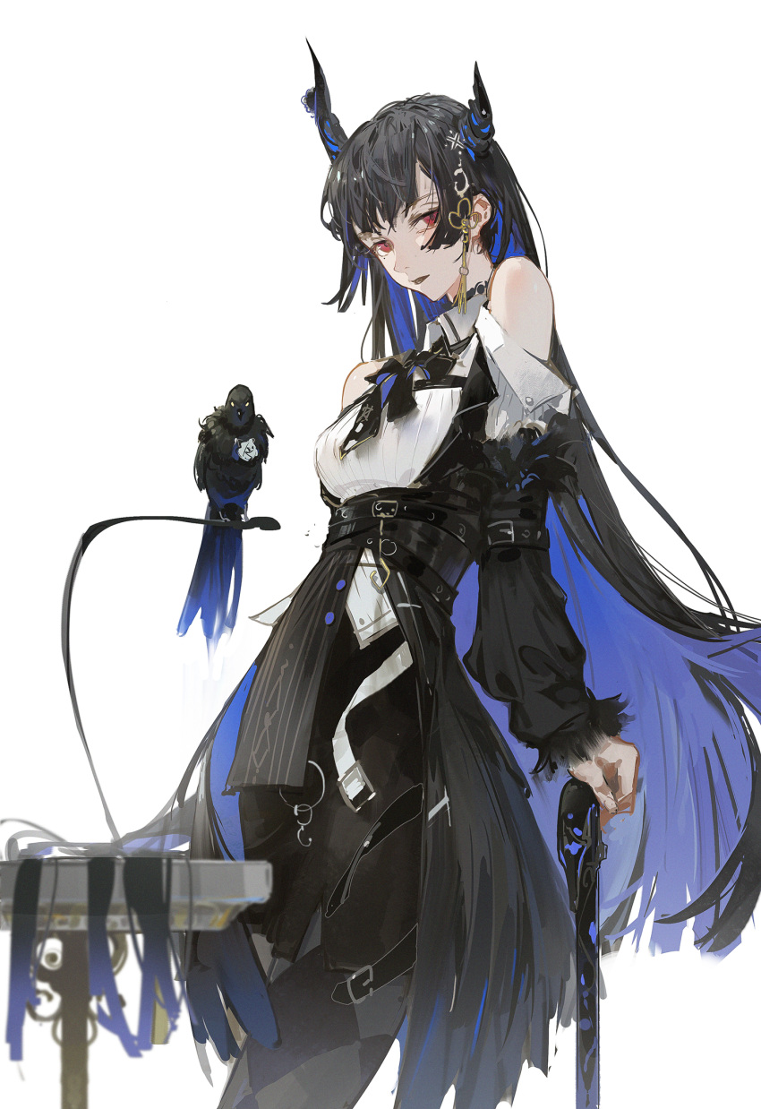 1girl asymmetrical_horns bare_shoulders belt bird black_bird black_hair black_leggings black_ribbon black_skirt black_thighhighs blue_hair blunt_bangs breasts cane chest_harness collared_shirt colored_inner_hair cowboy_shot crow demon_girl demon_horns dino_(dinoartforame) fur-trimmed_sleeves fur_trim grey_lips hair_ornament harness highres holding holding_cane hololive hololive_english horns leggings long_hair looking_at_viewer medium_breasts miniskirt multicolored_hair multiple_belts nerissa_ravencroft pleated_shirt red_eyes ribbon shirt sidelocks simple_background skirt solo standing table thighhighs two-tone_hair very_long_hair virtual_youtuber white_background white_shirt