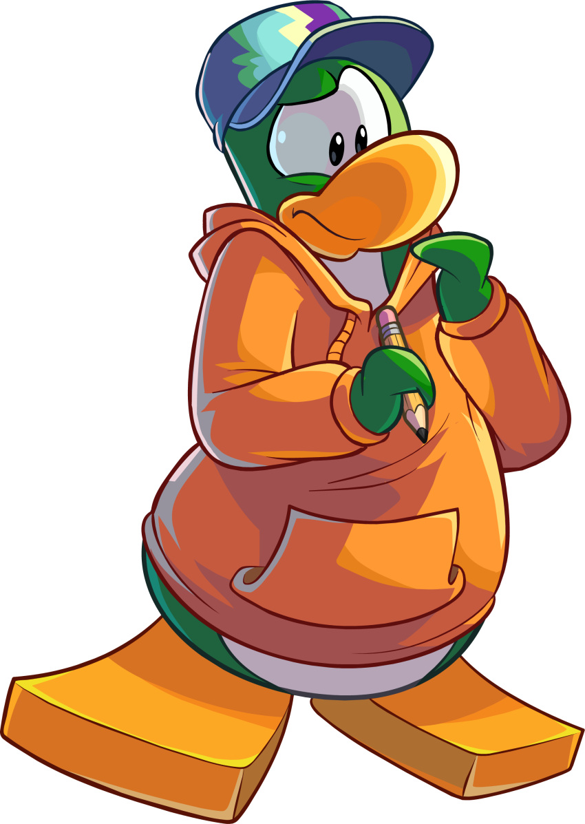 absurd_res alpha_channel avian bird clothing club_penguin full-length_portrait hat headgear headwear hi_res holding_object holding_pencil hoodie male official_art orange_clothing orange_hoodie orange_topwear pencil_(object) penguin portrait simple_background solo topwear transparent_background unknown_artist