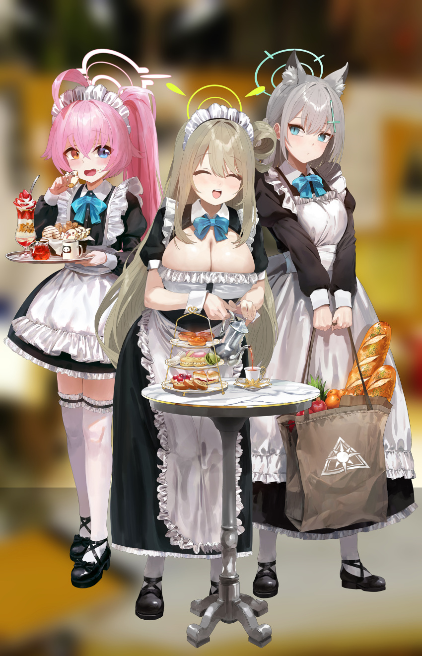 2girls :d absurdres ahoge alternate_costume alternate_hairstyle animal_ear_fluff animal_ears apron bag baguette blue_archive blue_bow blue_bowtie blue_eyes blurry bow bowtie bread breasts brown_hair cake character_food cleavage closed_eyes closed_mouth coffee coffee_mug commentary_request cross_hair_ornament cup depth_of_field drink drinking_glass enmaided extra_ears food fruit full_body grey_hair hair_between_eyes hair_ornament halo heterochromia highres holding holding_bag holding_tray hoshino_(blue_archive) korean_commentary large_breasts long_hair long_sleeves looking_at_another macaron maid maid_apron maid_headdress medium_hair mismatched_pupils mo_ne mug multiple_girls nonomi_(blue_archive) one_side_up open_mouth outdoors peroro_(blue_archive) pink_hair ponytail pouring shiroko_(blue_archive) shopping_bag sidelocks skullman_(blue_archive) smile standing sweatdrop table tea teacup teeth tongue tray upper_teeth_only vegetable wine_glass wolf_ears wolf_girl