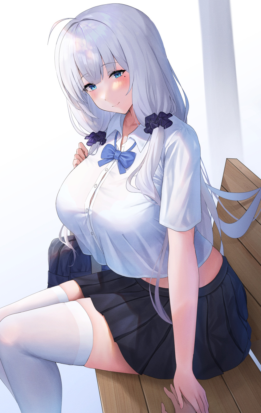 1girl 1other azur_lane bag black_skirt blue_bow blue_bowtie blue_eyes blush bow bowtie breasts closed_mouth collared_shirt from_side futon_fly_away hair_ornament highres illustrious_(azur_lane) large_breasts long_hair looking_at_viewer looking_to_the_side miniskirt mole mole_under_eye pleated_skirt shirt short_sleeves shoulder_bag sitting skirt smile solo_focus thighhighs thighs white_hair white_shirt white_thighhighs