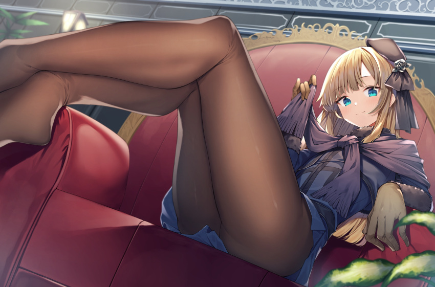 1girl absurdres beret black_headwear blonde_hair blue_eyes blue_jacket blush brown_gloves brown_pantyhose capelet closed_mouth commentary couch fate_(series) feet foot_out_of_frame from_below gloves grey_flower grey_rose gurasion_(gurasion) hat highres indoors jacket lamp legs long_hair looking_at_viewer lord_el-melloi_ii_case_files no_shoes on_couch pantyhose purple_capelet reines_el-melloi_archisorte sitting smile solo tilted_headwear