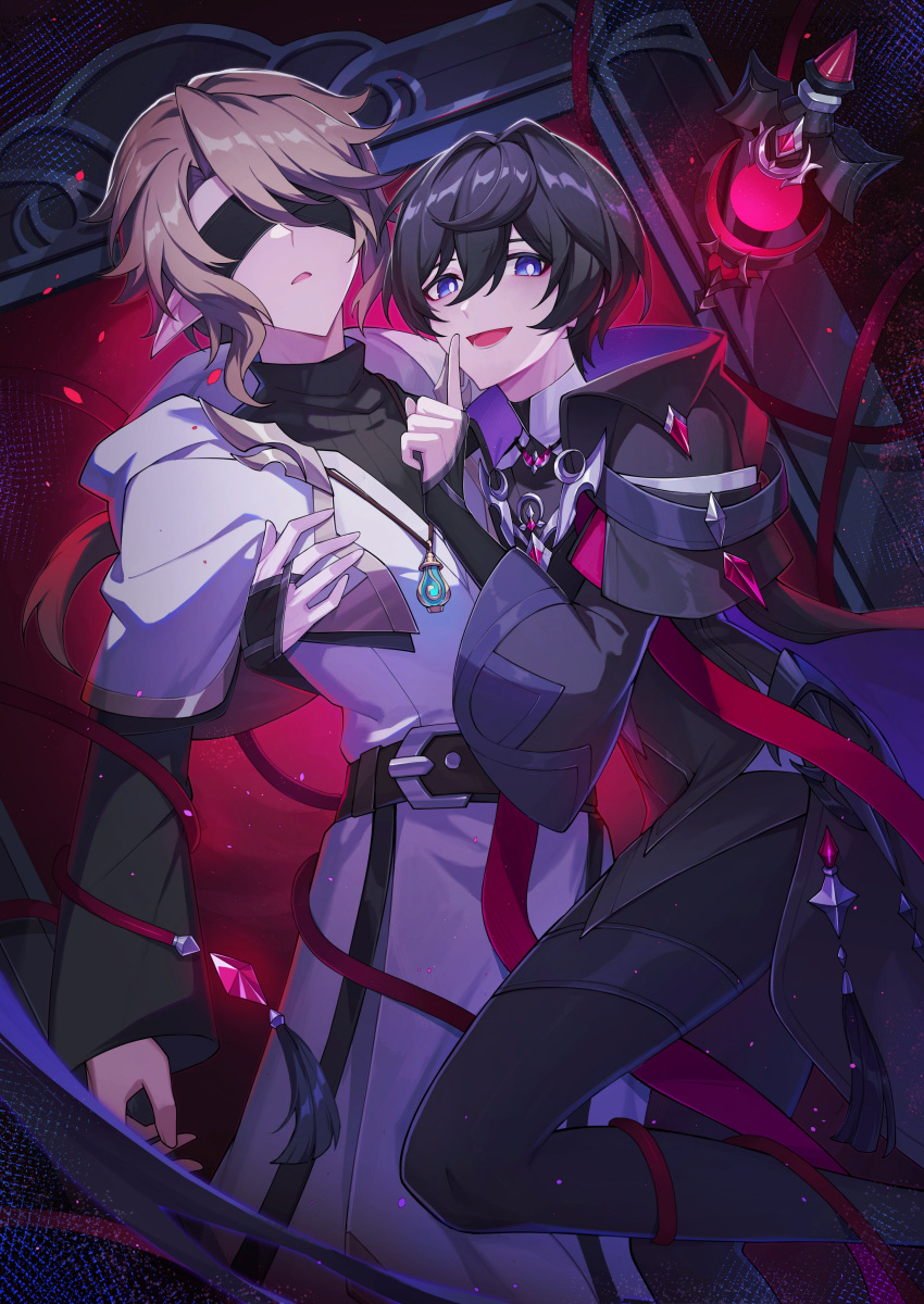 2boys :d absurdres arm_around_back belt black_blindfold black_gloves black_hair black_jacket black_pants black_shirt black_sweater blindfold blue_eyes bridal_gauntlets bright_pupils brown_hair clamor_(elsword) crescent_necklace elf elsword english_commentary finger_to_mouth gloves glowing hair_between_eyes hair_intakes hao_lei_a high_collar highres hood hood_down hooded_robe jacket jewelry long_hair long_sleeves looking_at_viewer male_focus morpheus_(elsword) multiple_boys necklace noah_ebalon open_mouth pants parted_lips picture_frame pointy_ears ponytail red_ribbon ribbon robe shirt short_hair short_sleeves smile sweater tassel turtleneck turtleneck_sweater white_pupils white_robe wide_sleeves