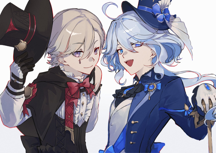 1boy bishounen blue_eyes blue_hair bow bowtie character_request ddcsddg focalors_(genshin_impact) genshin_impact gloves grey_hair hat highres lyney_(genshin_impact) open_mouth purple_eyes red_bow red_bowtie short_hair simple_background smile teardrop_tattoo top_hat upper_body white_background