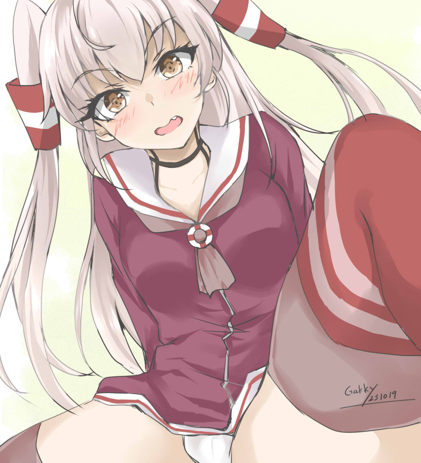 1girl amatsukaze_(kancolle) artist_name black_choker blush breasts brown_eyes choker commentary_request dated gakky green_background grey_hair hair_between_eyes hair_tubes highres kantai_collection long_hair looking_at_viewer medium_breasts one-hour_drawing_challenge open_mouth panties red_thighhighs sailor_collar shirt simple_background solo thighhighs twintails underwear very_long_hair white_panties