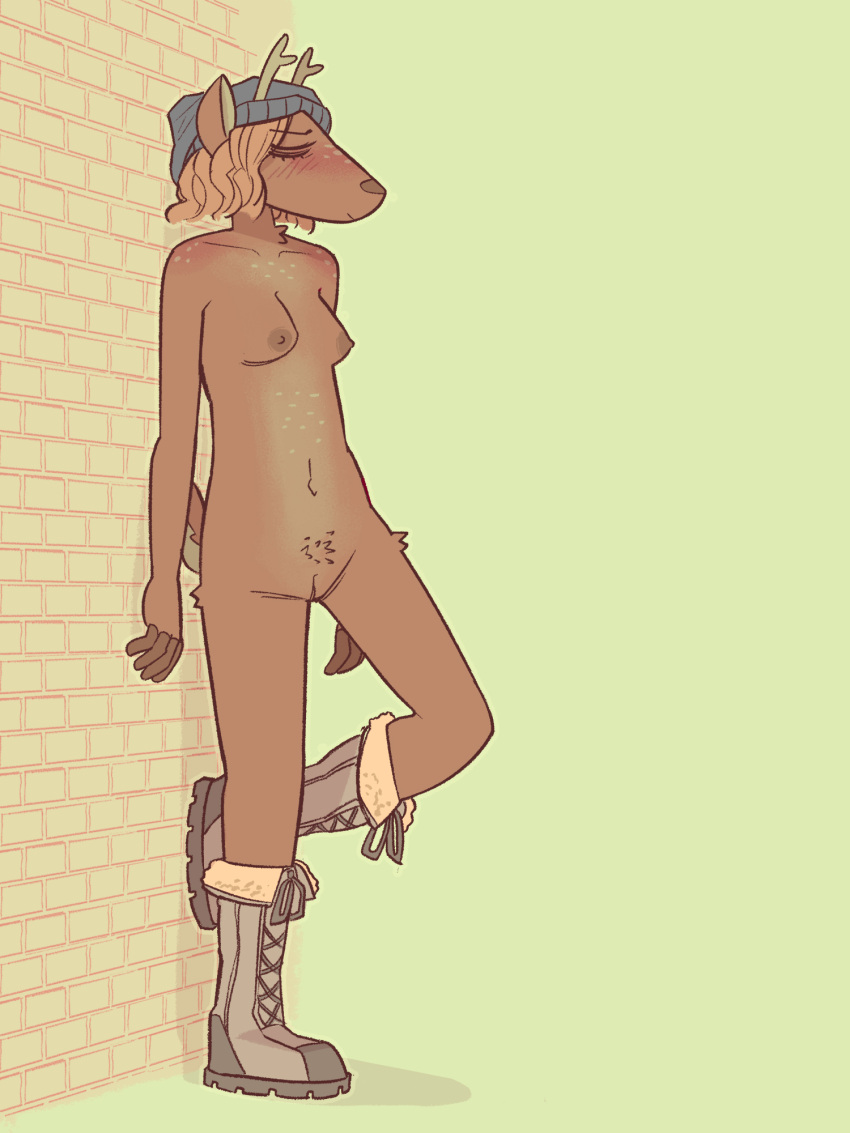 2023 against_surface against_wall anthro beanie blueregardtwo boots breasts brick_wall clothing deer elaine_(blueregardtwo) eyes_closed female footwear genitals hat headgear headwear hi_res laced_boots mammal mostly_nude nipples pussy shoes solo wall_(structure)