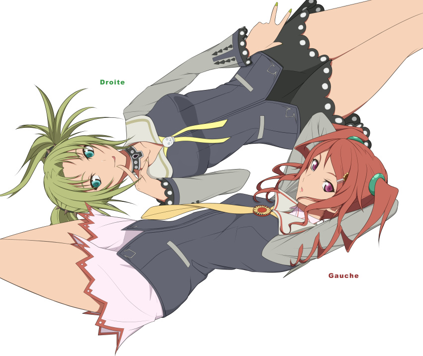 2girls :o absurdres aoi_alisha breasts choker droite_(tales) gauche_(tales) green_eyes green_hair green_nails highres light_green_hair looking_at_viewer medium_breasts multiple_girls nail_polish red_eyes red_hair short_hair skirt skull_brooch smile tales_of_(series) tales_of_vesperia tongue tongue_out twintails