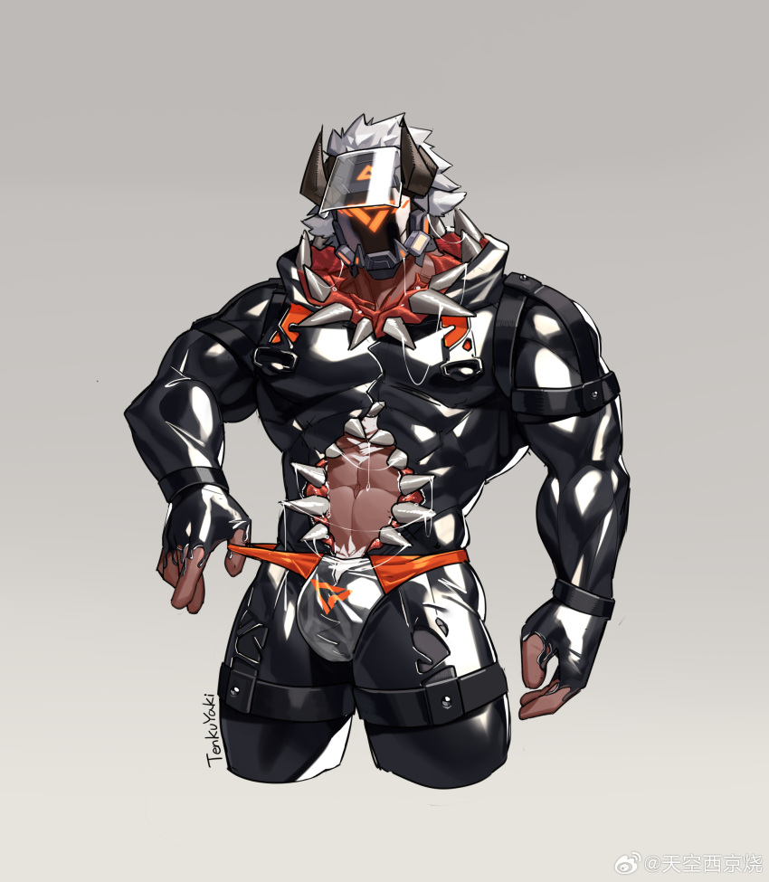 1boy absurdres bara belt bodysuit bulge cow_horns cropped_legs fangs highres horns large_pectorals latex latex_bodysuit leg_belt male_focus male_pubic_hair male_swimwear multiple_belts muscular muscular_male object_head original pectorals poten_(tenkuyaki) pubic_hair pubic_hair_peek pulled_by_self saliva saliva_trail see-through_swimsuit shiny_clothes short_hair solo stomach_mouth swim_briefs teeth thick_thighs thighs
