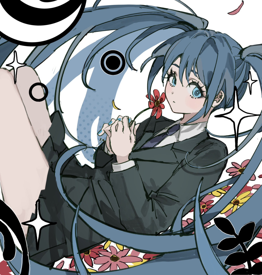 1girl black_jacket black_skirt blue_eyes blue_hair blue_nails blush collared_shirt flower formal hatsune_miku highres holding holding_flower inu_totemo jacket long_hair looking_at_viewer miniskirt necktie saihate_(vocaloid) shirt skirt solo sparkle suit twintails very_long_hair vocaloid white_shirt