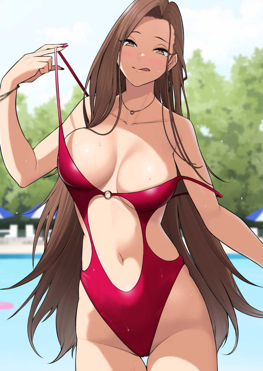 1girl :q blurry blurry_background blush bracelet breasts brown_eyes brown_hair cleavage commentary_request cowboy_shot day earrings hamazaki_risa highleg highleg_swimsuit highres imaizumin-chi_wa_douyara_gal_no_tamariba_ni_natteru_rashii jewelry large_breasts long_hair looking_at_viewer navel necklace nori_gorou one-piece_swimsuit outdoors pool red_one-piece_swimsuit smile solo strap_pull swimsuit thigh_gap tongue tongue_out water