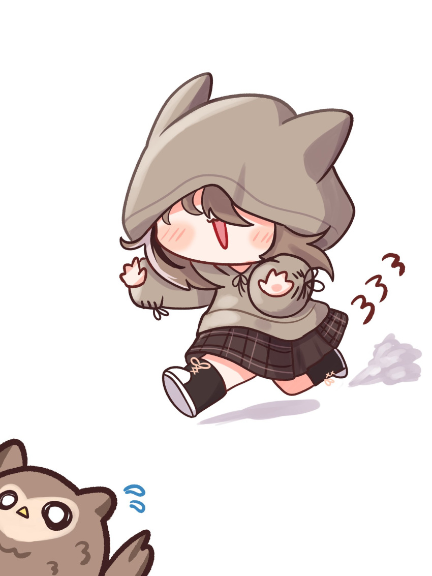 1girl animal_hood blush brown_footwear brown_hair brown_hoodie brown_skirt chibi ears_through_headwear eiul high_tops highres hololive hololive_english hood hood_over_eyes hood_up hoodie hooman_(nanashi_mumei) long_hair long_skirt multicolored_hair nanashi_mumei official_alternate_costume oversized_clothes plaid plaid_skirt running shoes skirt sneakers streaked_hair virtual_youtuber