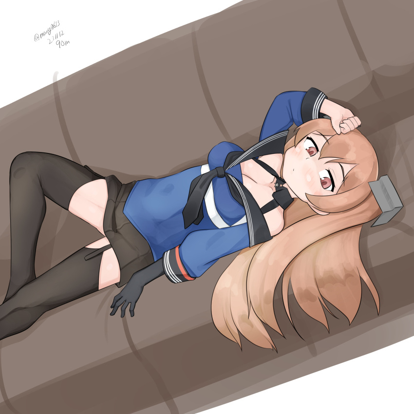 1girl absurdres black_gloves black_skirt black_thighhighs blue_shirt breasts brown_eyes cleavage couch dutch_angle garter_straps gloves highres johnston_(kancolle) kantai_collection light_brown_hair long_hair looking_at_viewer maru_(marg0613) medium_breasts off_shoulder one-hour_drawing_challenge pleated_skirt school_uniform serafuku shirt single_glove skirt solo thighhighs two_side_up