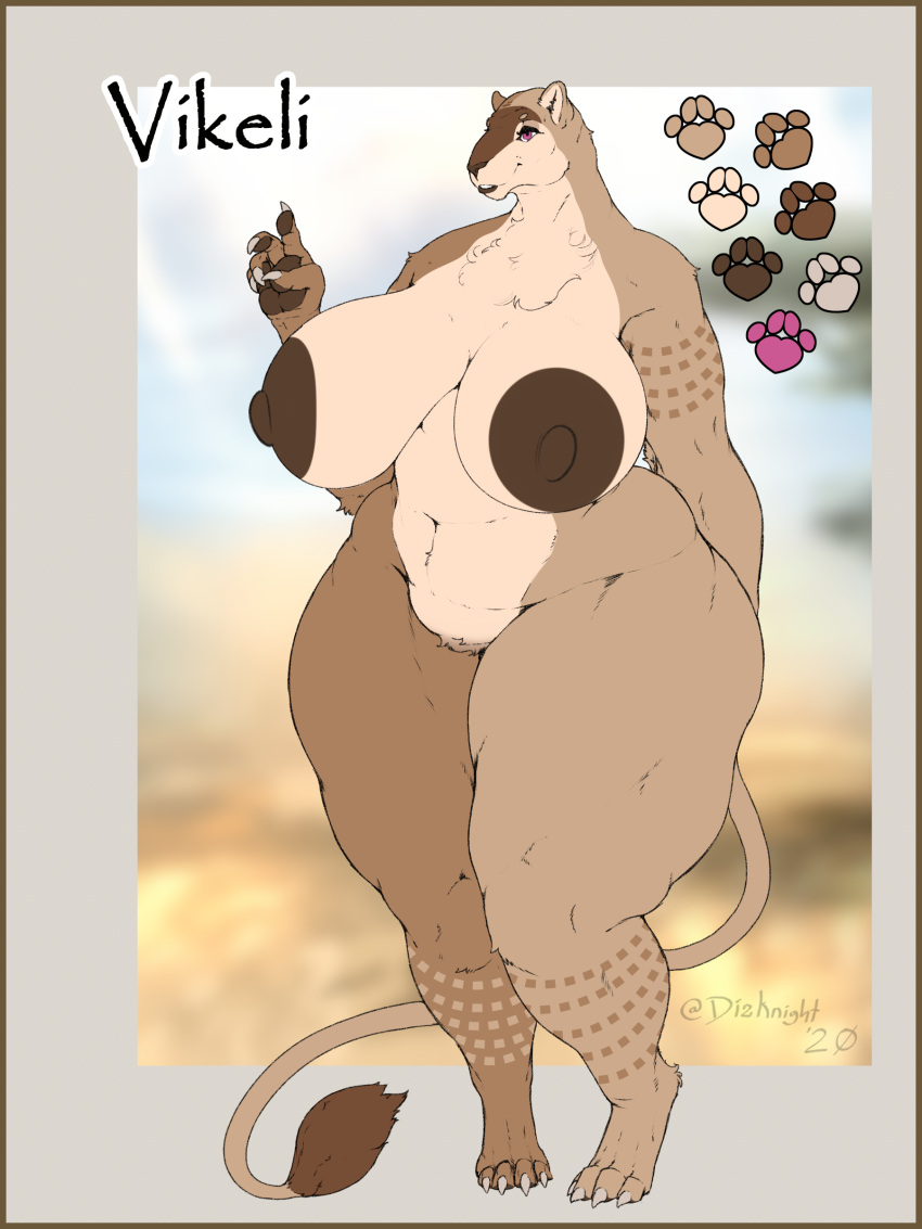 2020 3:4 absurd_res anthro areola belly big_areola big_breasts big_nipples body border breasts brown brown_areola brown_nose claws colored digital_media_(artwork) dizzyknight felid female fupa hi_res huge_breasts huge_hips ling_tail lion lips mammal markings mature_anthro mature_female model_sheet multicolored_body nipples pantherine pawpads paws purple_eyes sagging_breasts signature smile solo standing tail tail_tuft teeth thick_thighs third-party_edit tuft venus_figure vikeli_(dizzyknight) white_belly wide_hips yellow_border