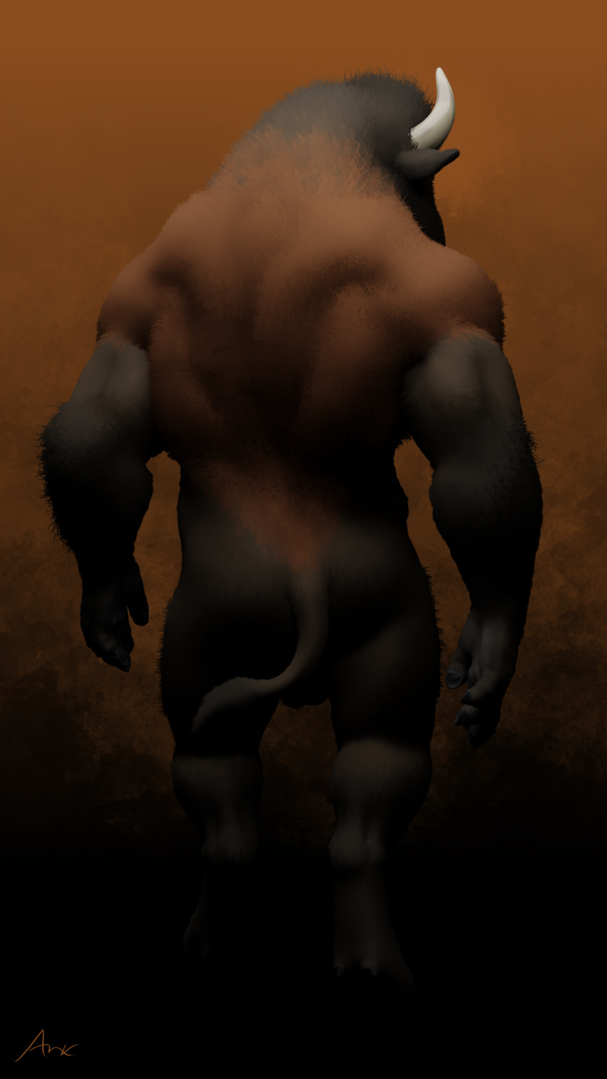 absurd_res anthro arkadios bison bovid bovine brown_body brown_fur butt digitigrade fingers fur hi_res hooved_fingers hooved_fingertips hooves horn humanoid male mammal muscular muscular_male orange_body orange_fur simple_background solo tail