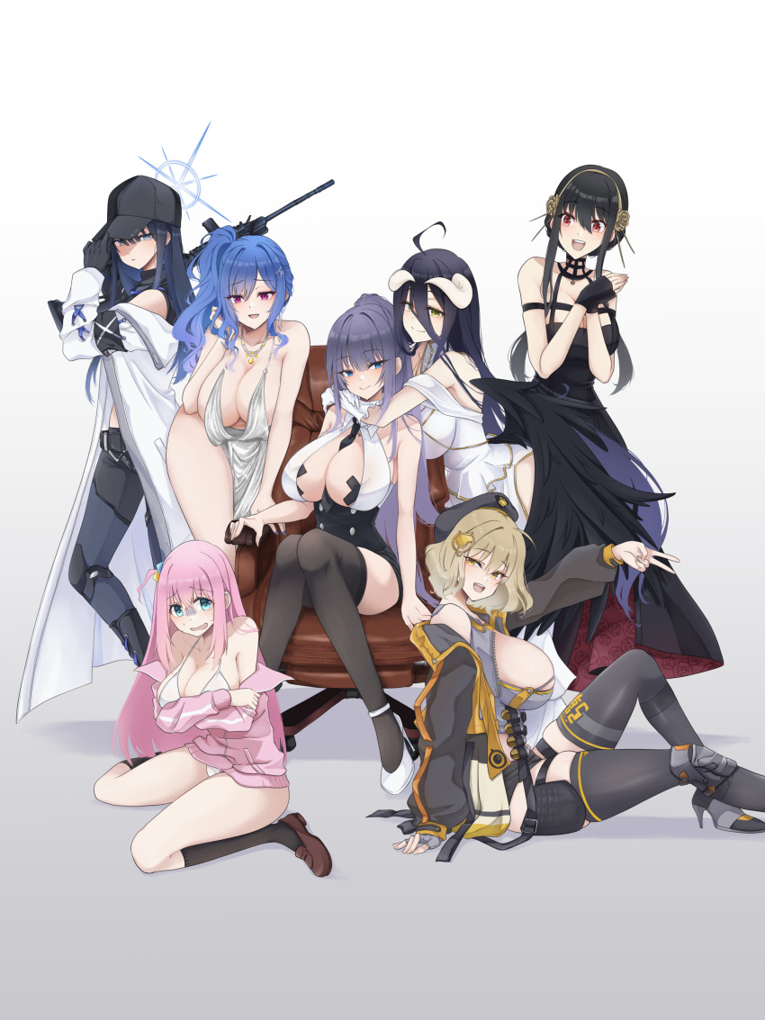 6+girls :d absurdres adjusting_clothes adjusting_headwear ahoge albedo_(overlord) anis_(nikke) ar-15 arm_support armchair azur_lane baseball_cap belt bent_over beret bikini black_dress black_footwear black_gloves black_hair black_pants black_skirt black_socks black_thighhighs black_wings blue_archive blue_eyes blue_hair blunt_bangs blush bocchi_the_rock! boots breasts brown_footwear brown_hair chair cleavage coat collarbone colored_inner_hair commentary crossed_arms crossed_bandaids crossover cube_hair_ornament demon_girl demon_horns demon_wings detached_sleeves dress embarrassed eyes_visible_through_hair feathered_wings fingerless_gloves from_side full_body gloves goddess_of_victory:_nikke gotou_hitori gradient_background grey_background grey_eyes grey_footwear grey_hair gun hair_between_eyes hair_bun hair_ornament hairband halo hat high-waist_skirt high_heels highres holster horns hug jacket jewelry knee_boots knee_up kneehighs knees_together_feet_apart large_breasts leaning_forward long_hair long_sleeves looking_at_another looking_at_viewer looking_to_the_side medium_hair midriff multicolored_hair multiple_crossover multiple_girls necklace no_panties office_chair one_side_up open_clothes open_coat open_jacket original over_shoulder overlord_(maruyama) own_hands_together pants pelvic_curtain pencil_skirt pink_eyes pink_jacket ponytail red_eyes rifle saori_(blue_archive) shoes short_sleeves shotgun_shell side_ponytail side_slit sidelocks simple_background single_hair_bun sitting skirt sleeveless smile socks spaghetti_strap spy_x_family st._louis_(azur_lane) st._louis_(luxurious_wheels)_(azur_lane) standing sweatdrop swimsuit swivel_chair symbol-only_commentary tank_top thick_thighs thigh_belt thigh_holster thigh_strap thighhighs thighs track_jacket two-tone_hair wariza weapon weapon_over_shoulder white_background white_bikini white_coat white_dress wings yellow_eyes yor_briar yoru0409 yuna_(biya_(1024)) zettai_ryouiki