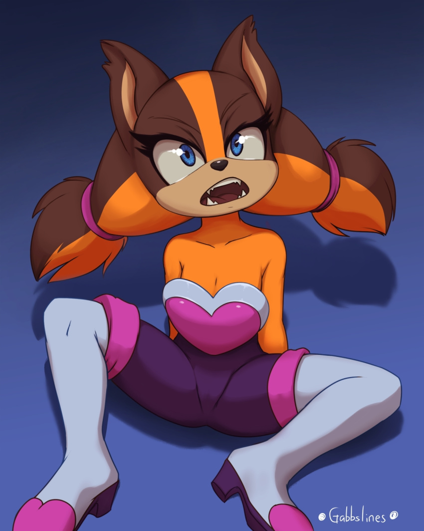 anthro badger blue_eyes boots breasts brown_hair clothing cosplay female footwear fur gabbslines hair hi_res high_heeled_boots high_heels looking_at_viewer mammal mustelid musteline orange_body orange_fur orange_hair pigtails rouge_the_bat sega sitting solo sonic_boom sonic_the_hedgehog_(series) sticks_the_jungle_badger tight_clothing