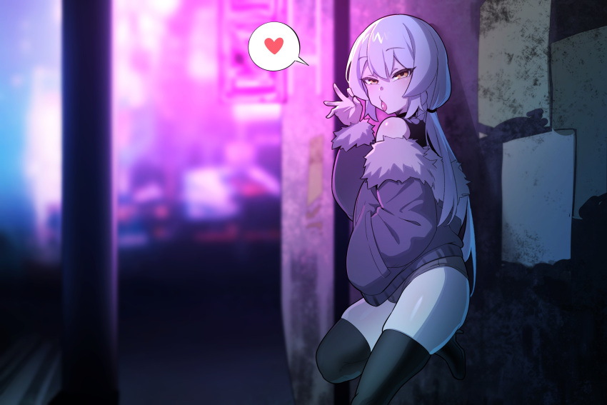 1boy against_glass black_thighhighs braid fellatio_gesture fur-trimmed_jacket fur_trim grey_hair grey_shorts grey_thighhighs hair_between_eyes hand_in_pocket heart highres in_(ain) jacket long_hair long_sleeves looking_at_viewer male_focus neon_lights orange_eyes otoko_no_ko short_shorts shorts side_braid solo spoken_heart thighhighs tongkkangi tongkkangi_(streamer) tongue tongue_out