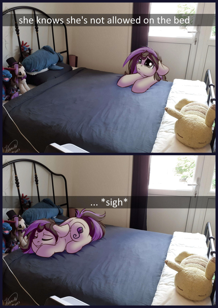 absurd_res bed bowtie_(mlp) caption caption_box cutie_mark earth_pony equid equine eyes_closed fan_character female furniture hasbro hi_res horse julunis14 mammal meme my_little_pony plushie pony puppy_eyes real sleeping
