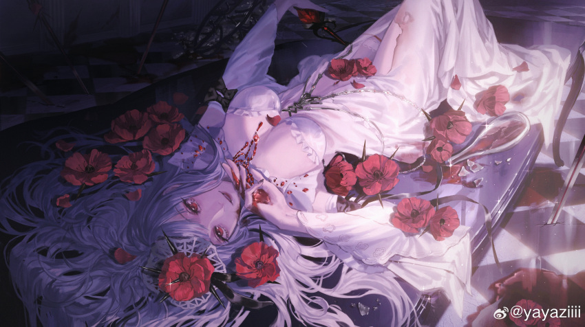 1girl :d absurdres blood blood_on_hands breasts broken_vase burnt_clothes checkered_floor coquelic_(path_to_nowhere) dark flower full_body gem grey_hair hair_flower hair_ornament hair_spread_out hand_on_own_chin hand_up highres indoors large_breasts long_hair long_sleeves looking_at_viewer lying negligee on_back on_table path_to_nowhere planted planted_sword poppy_(flower) red_eyes red_flower red_gemstone see-through sidelighting smile solo sword table thigh_strap upside-down very_long_hair weapon weibo_logo weibo_username white_negligee yayaziiii