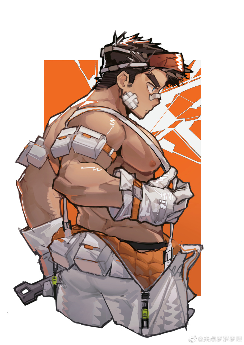 1boy absurdres artist_request ass bandaid bandaid_on_face bandaid_on_nose bara bare_pectorals cropped_legs from_side gloves goggles goggles_on_head highres holding holding_wrench jumpsuit large_pectorals looking_ahead male_focus mechanic muscular muscular_male nipples open_jumpsuit original pectorals profile short_hair sideburns_stubble solo suspenders thick_eyebrows white_jumpsuit wrench
