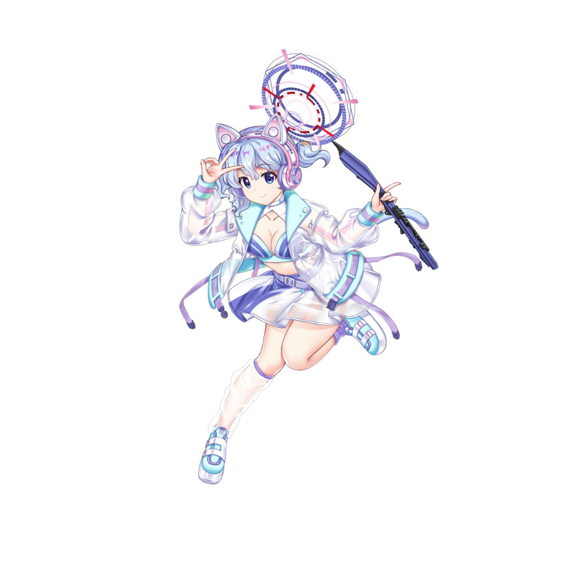 1girl alternate_costume animal_ear_headphones animal_ears aqua_footwear asymmetrical_legwear belt blue_eyes blue_hair breasts cat_ear_headphones cat_tail cleavage fake_animal_ears full_body game_cg headphones highres holding holding_instrument instrument instrument_request jacket light_blue_hair looking_at_viewer merlin_prismriver merlin_prismriver_(second_eldest_memory_leaker) rotte_(1109) see-through see-through_jacket see-through_legwear see-through_skirt short_hair simple_background single_sock skirt socks solo tail third-party_source touhou touhou_lost_word v white_background white_jacket white_skirt