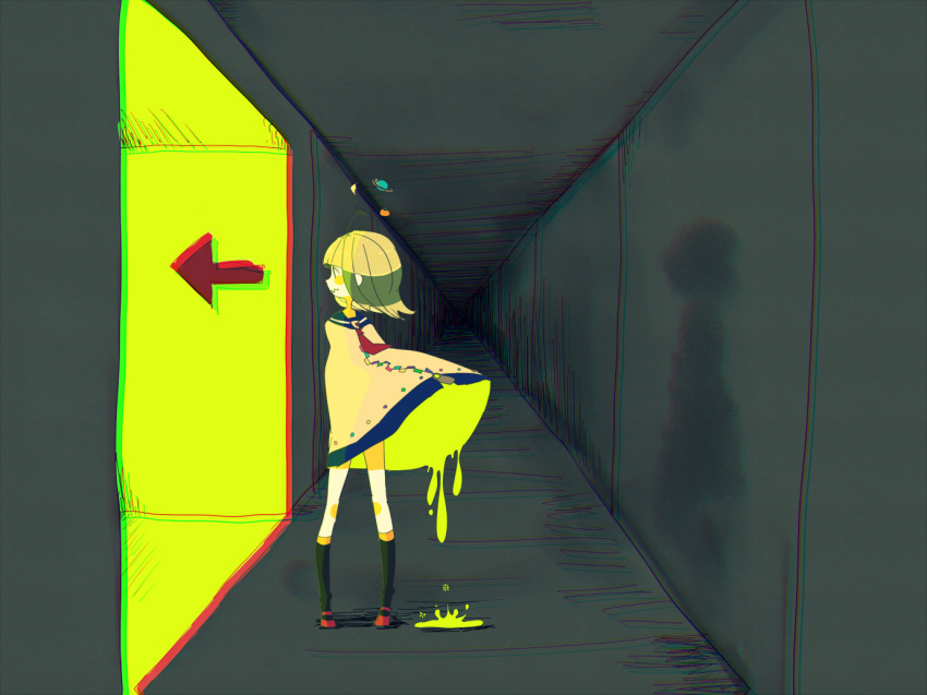 1girl arrow_(symbol) black_socks blue_sailor_collar blunt_bangs blush_stickers brown_poncho chromatic_aberration closed_mouth commentary_request dripping floating_hair floating_headgear food fruit full_body hallway headgear kneehighs long_hair looking_to_the_side mandarin_orange necktie nizimine_kakoi planet poncho profile red_footwear red_necktie sailor_collar shadow smile socks solo standing usagi_tada utau wide_shot wind wind_lift zipper