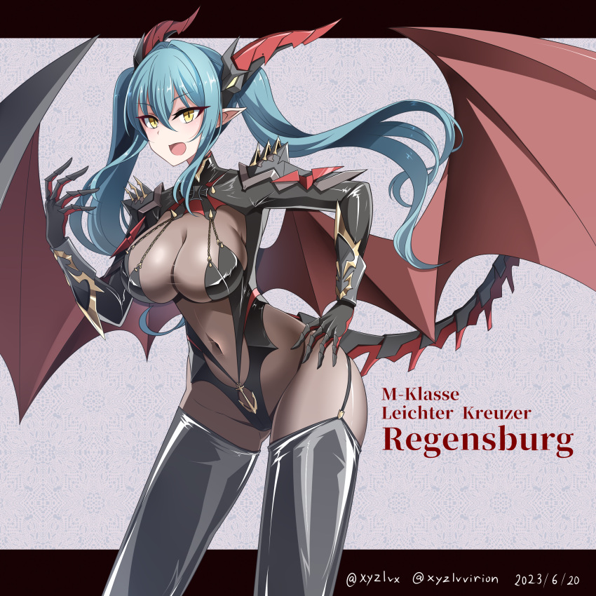 1girl absurdres armor azur_lane black_thighhighs blue_hair bodystocking breasts character_name claws cross dated dragon_horns dragon_tail dragon_wings hair_between_eyes hand_on_own_hip hebitsukai-san highres horns iron_cross large_breasts long_hair mechanical_horns mechanical_tail open_mouth pointy_ears regensburg_(azur_lane) shoulder_armor shoulder_spikes slit_pupils solo spikes tail thighhighs twintails twitter_username wings yellow_eyes