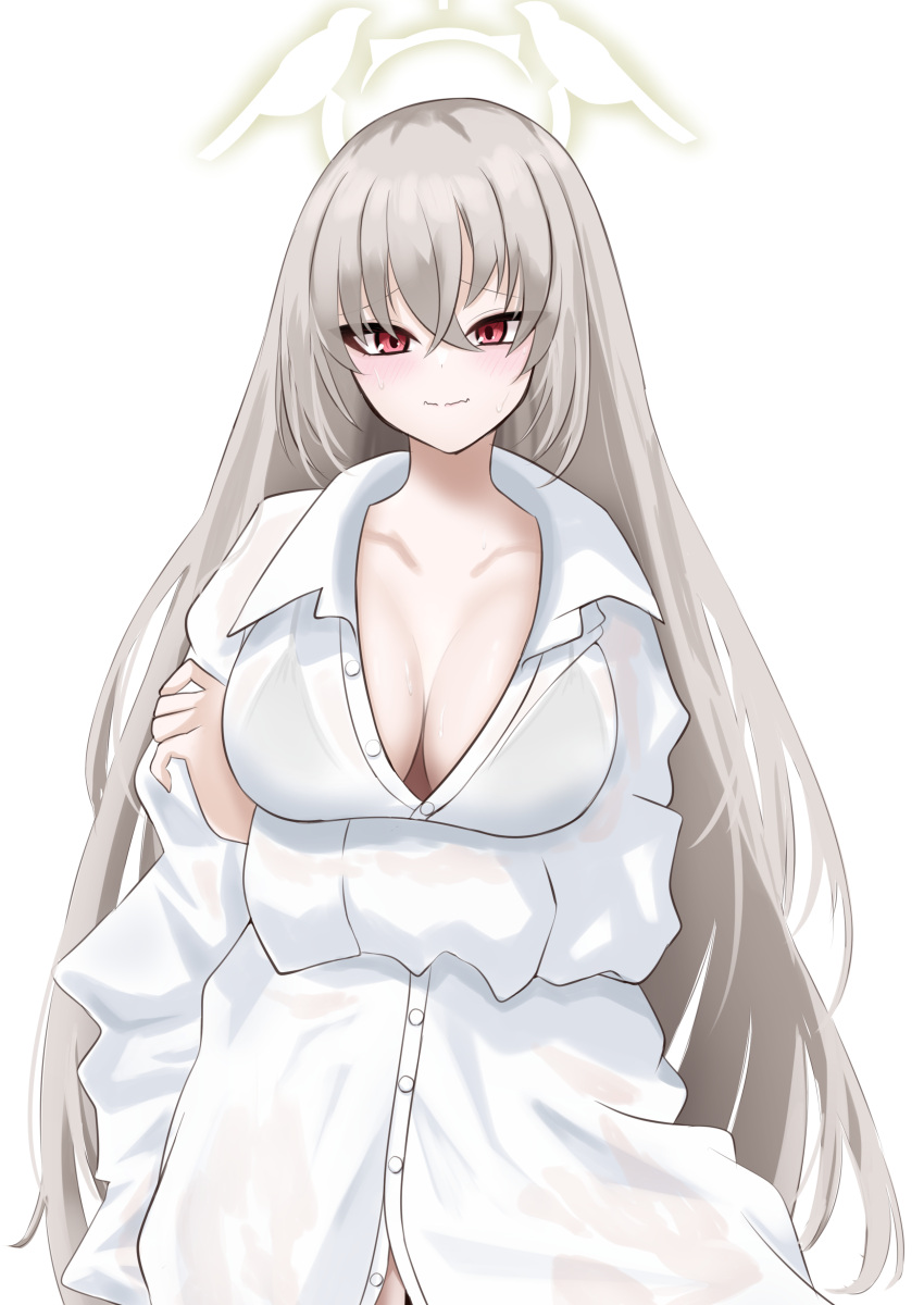 1girl absurdres bikini bikini_top_only bikini_under_clothes black_bikini blue_archive blush breasts cleavage collarbone commentary_request crossed_bangs grey_hair halo highres long_hair looking_at_viewer medium_breasts open_collar oversized_clothes oversized_shirt sakurako_(blue_archive) shirt simple_background smile swimsuit tamica very_long_hair white_shirt