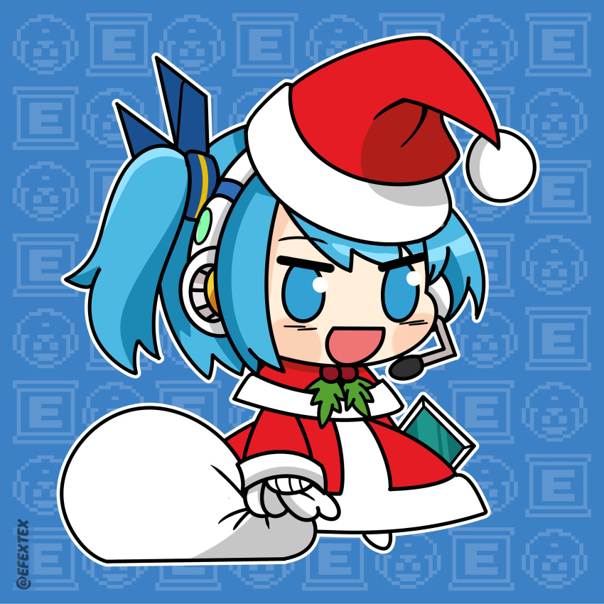 1girl :d absurdres aqua_eyes aqua_hair dress efextex energy_tank full_body hat headset highres holding holding_sack long_sleeves mega_man_(character) mega_man_(series) mega_man_x_(series) mega_man_x_dive meme open_mouth padoru_(meme) red_dress rico_(mega_man) sack santa_dress santa_hat side_ponytail smile solo twitter_username