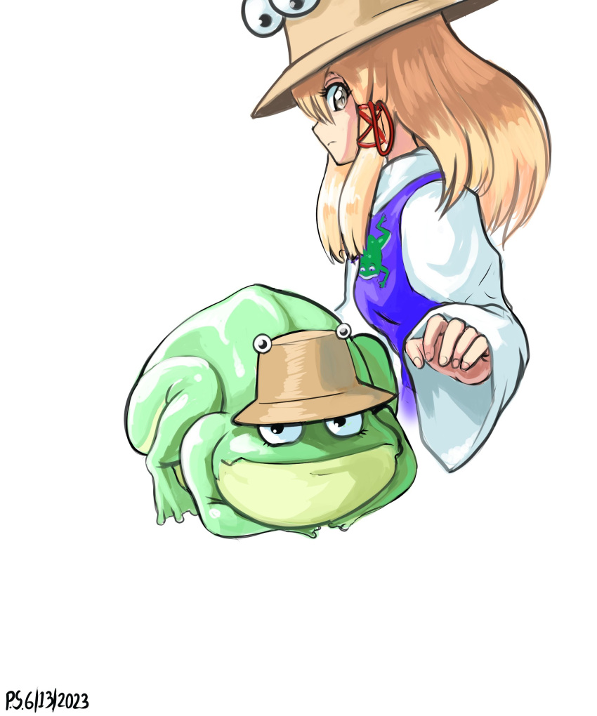 1girl absurdres blonde_hair brown_headwear closed_mouth commentary dated english_commentary frog highres long_sleeves looking_at_viewer medium_hair moriya_suwako moriya_suwako_(frog) profitshame sidelocks simple_background touhou twitter_username white_background yellow_eyes