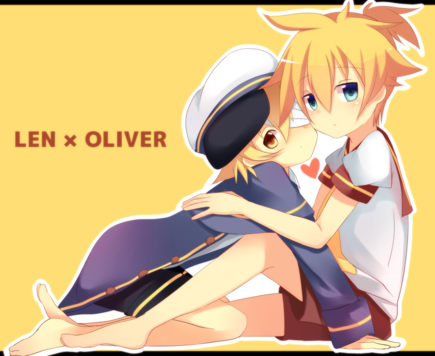 2boys bandage_over_one_eye barefoot black_shorts blonde_hair blue_coat blue_eyes brown_sailor_collar brown_serafuku brown_shorts buttons cheek-to-cheek child coat hands_on_another's_shoulders hat heads_together high_ponytail highres hug kagamine_len kneeling male_child male_focus meranoreuka_(naokentak) messy_hair multiple_boys oliver_(vocaloid) ponytail puffy_sleeves sailor sailor_collar sailor_hat school_uniform serafuku shirt short_hair short_ponytail short_puffy_sleeves short_sleeves shorts simple_background sitting vocaloid white_shirt yaoi yellow_background yellow_eyes