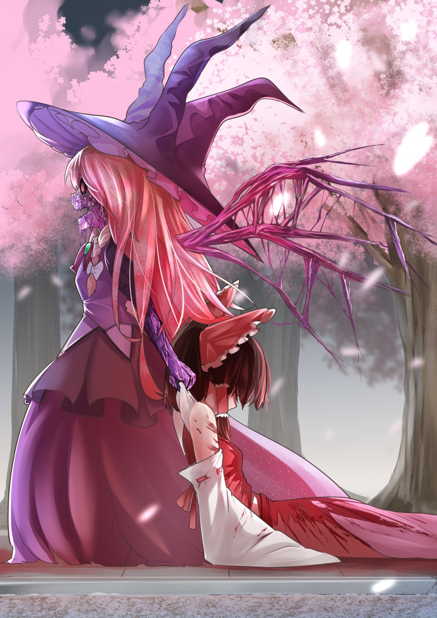 2girls black_sclera blonde_hair blood blood_on_clothes blood_on_ground bow bowtie braid brown_hair cherry_blossoms colored_sclera colored_skin commentary corruption detached_sleeves dragging frilled_bow frilled_hair_tubes frills gem glasgow_smile green_gemstone hair_bow hair_ribbon hair_tubes hakurei_reimu hat highres kirisame_marisa long_hair multiple_girls no_eyes nodoguro_(phi-tan) open_mouth outdoors purple_skirt red_bow red_eyes red_pupils red_skirt ribbon ribbon-trimmed_sleeves ribbon_trim sharp_teeth short_sleeves skirt skirt_set teeth touhou tree white_ribbon wings witch_hat