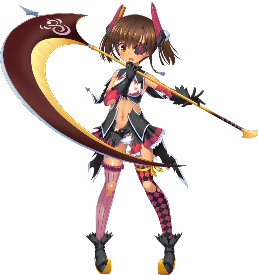 1girl argyle argyle_legwear asymmetrical_legwear black_gloves brown_hair eyepatch flat_chest full_body gloves highres holding holding_scythe looking_at_viewer mismatched_legwear navel nipples non-web_source official_art open_mouth orange_eyes panties photoshop_(medium) pointy_footwear scythe shidou_mei shinsei_kourin_arcanarouge_~hakudaku_to_shokushu_ni_kegasareshi_mahou_shoujo-tachi~ short_hair solo standing tachi-e tan tanlines thighhighs torn_clothes transparent_background twintails underwear white_panties