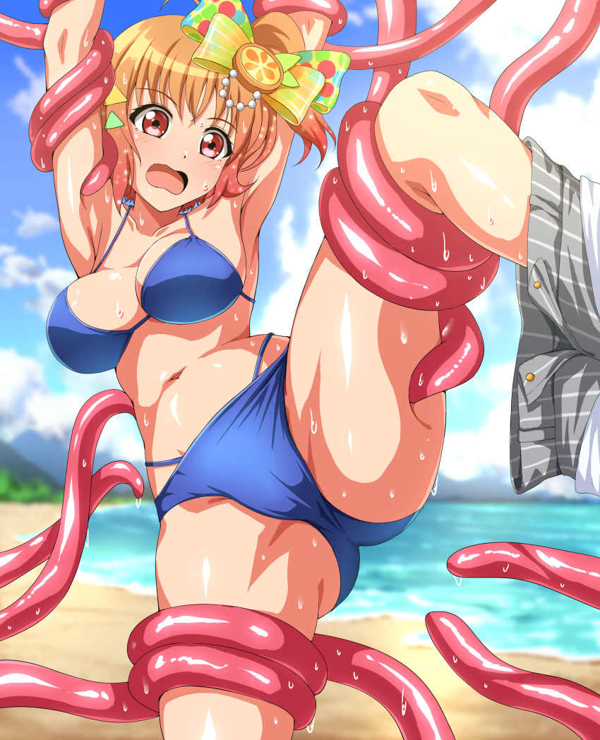 1girl absurdres ahoge ass beach bikini blue_bikini blue_sky blurry blurry_background blush bow breasts clothes_removed cloud collarbone hair_bow halterneck highres imminent_rape large_breasts love_live! love_live!_sunshine!! navel open_mouth orange_hair outdoors polka_dot polka_dot_bow red_eyes restrained short_hair sky spread_legs sweat swimsuit takami_chika tentacles zanntetu