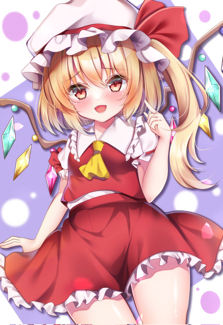 1girl ascot blonde_hair crystal flandre_scarlet frilled_shirt_collar frilled_skirt frills hat highres mob_cap multicolored_wings one_side_up red_eyes red_skirt ribbon shirotsuki_shirone skirt skirt_set touhou wings