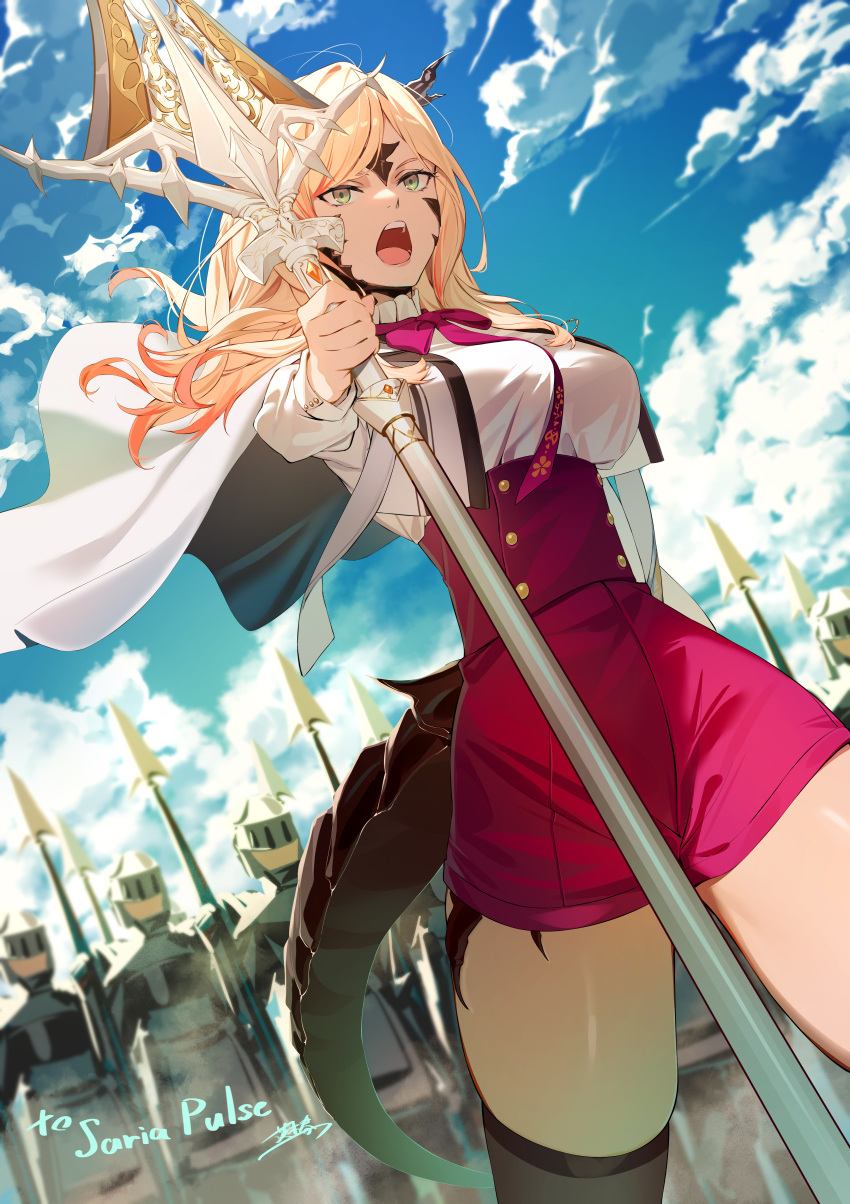 1girl 6+others absurdres army black_thighhighs blonde_hair breasts commission cropped_jacket day dragon_horns dragon_tail dutch_angle green_eyes highres holding holding_weapon horns ibaraki_shun jacket long_hair medium_breasts multiple_others open_clothes open_jacket open_mouth original outdoors scales skeb_commission soldier solo_focus tail thighhighs weapon wind