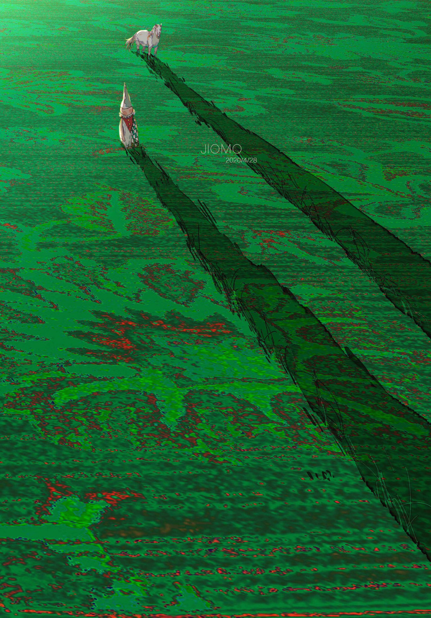 1other abstract_background artist_name black_eyes blush_stickers bodysuit buttons checkered_bodysuit checkered_clothes chinese_commentary clown commentary_request dated full_body green_background green_bodysuit highres horse jiomo long_shadow looking_ahead multicolored_bodysuit multicolored_clothes neck_ruff original pointy_hat red_bodysuit shadow sleeveless sleeveless_bodysuit solid_circle_eyes white_bodysuit white_headwear wide_shot