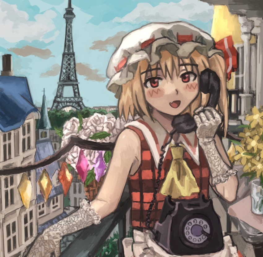 1girl antique_phone ascot blonde_hair blue_sky blush building cloud cloudy_sky column commentary_request crystal cup day drinking_glass eiffel_tower elbow_gloves fang flandre_scarlet flower glass gloves hat hat_ribbon holding house looking_at_viewer mob_cap one_side_up open_mouth outdoors paris phone pillar plaid plaid_shirt plaid_vest plant red_eyes red_shirt ribbon rotary_phone scenery shirt short_hair side_ponytail skin_fang sky sleeveless smile solo touhou tree vest white_headwear window wings yellow_ascot yuyukosama17